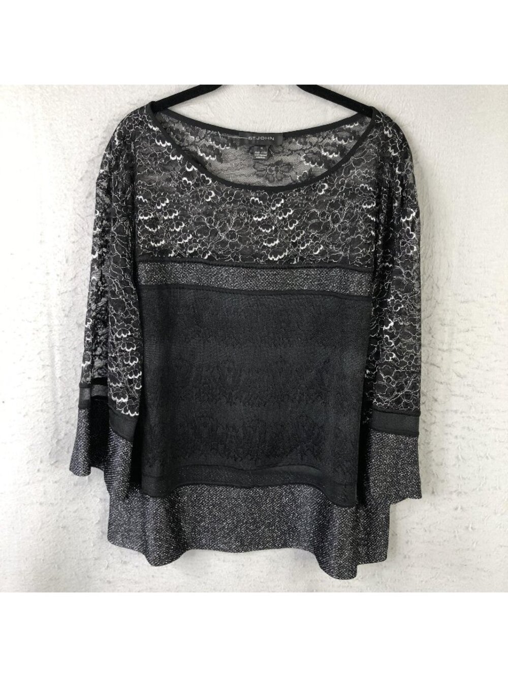 St. John Tunic Blouse Womens XL Black Lace Metallic Floral Bell Sleeve Party - Picture 1 of 16